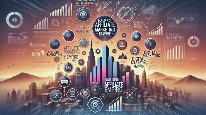 A visually striking infographic titled 'Building Your Affiliate Marketing Empire' with bold and dynamic fonts that are clearly displayed.