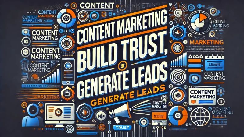 A bold and dynamic graphic featuring the text 'Content Marketing_ Build Trust, Generate Leads'.