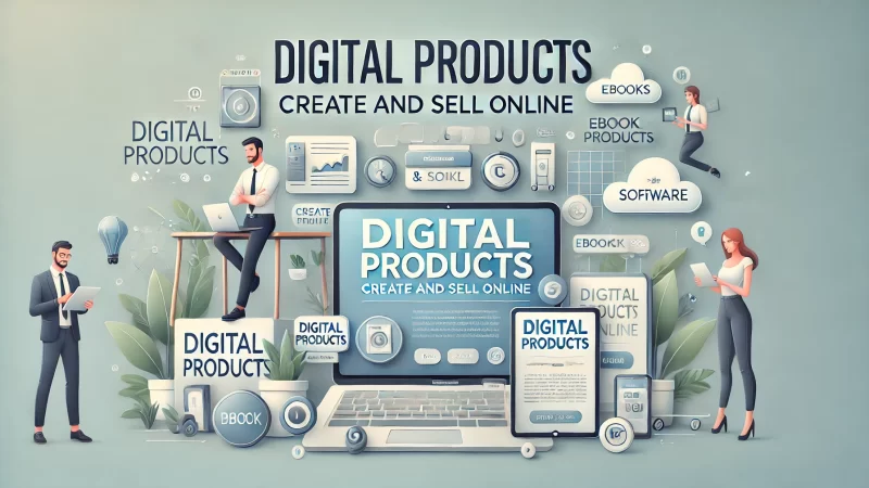 A modern and professional digital design featuring a bold headline that reads 'Digital Products: Create and Sell Online.'