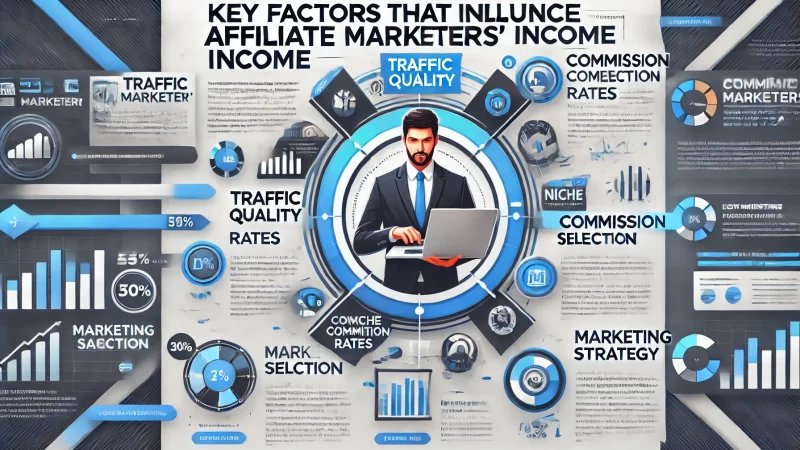 A dynamic infographic titled 'Key Factors That Influence Affiliate Marketers' Income' in bold and modern fonts