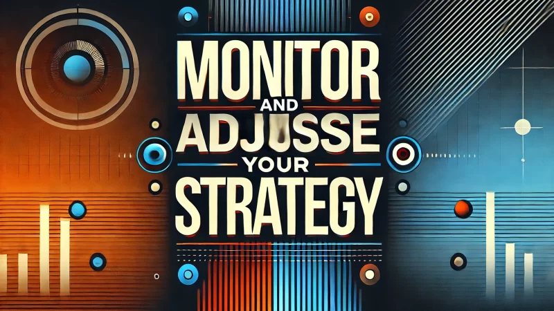 A bold and dynamic design featuring the text 'Monitor and Adjust Your Strategy' clearly displayed in large, bold fonts.