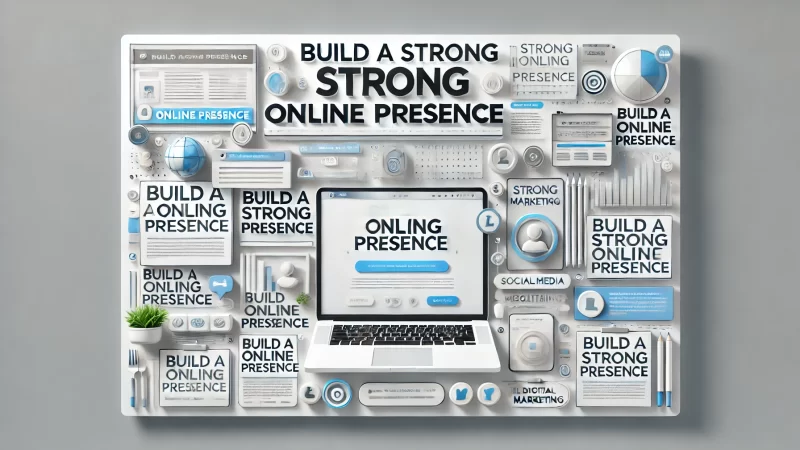 A modern, professional layout with a clean and clear focus on the text 'Build a Strong Online Presence' as a bold, standout headline. 