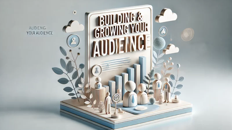 A professional and modern image with the text heading 'Building and Growing Your Audience' in bold, clear, and readable font.