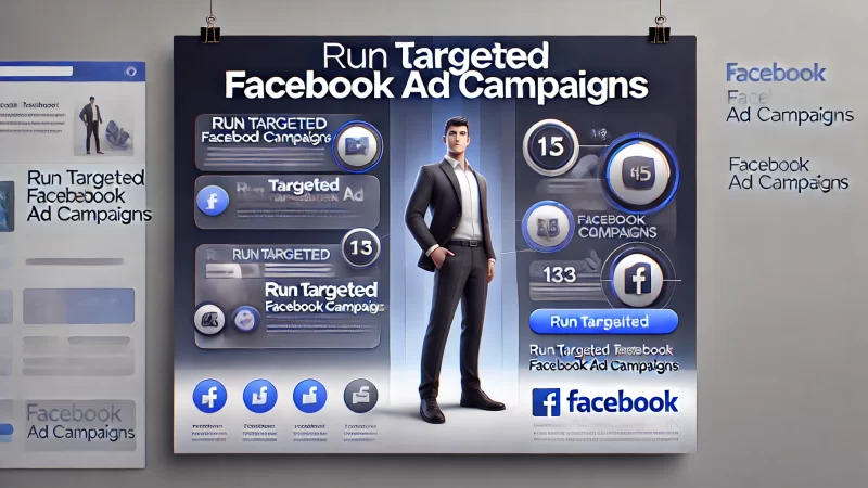 A modern and professional Facebook ad campaign design with the headline 'Run Targeted Facebook Ad Campaigns' in bold, readable text.