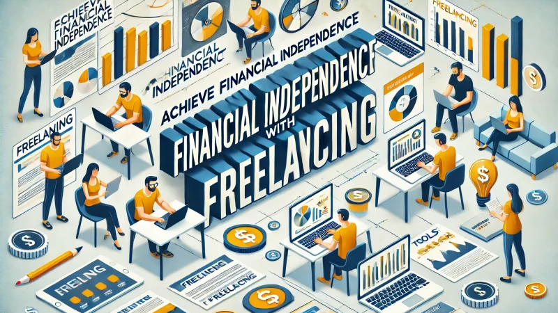 A modern, professional layout with the headline 'Achieve Financial Independence with Freelancing' in bold, readable font that stands out. 