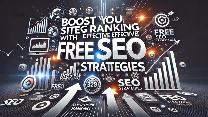 A dynamic design with the text 'Boost Your Site's Ranking with Effective Free SEO Strategies' in bold, impactful fonts.