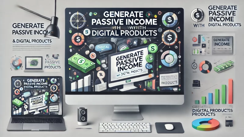 A professional, modern, and informative digital banner with the heading 'Generate Passive Income with Digital Products.' 