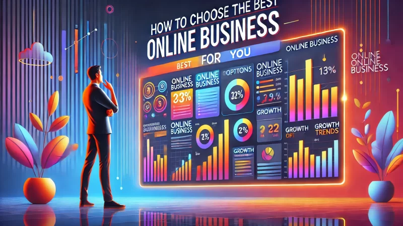 A vibrant image featuring the text 'How to Choose the Best Online Business for You' in bold, dynamic fonts at the top.