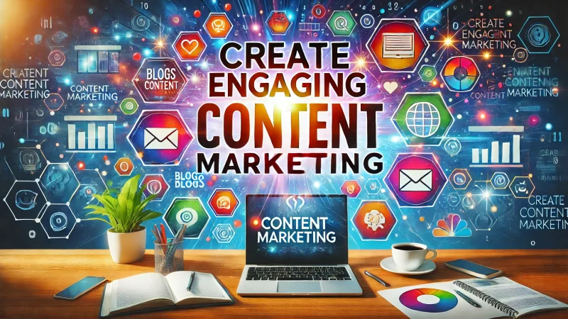 A vibrant, modern business-themed image with the text 'Create Engaging Content Marketing' prominently displayed.