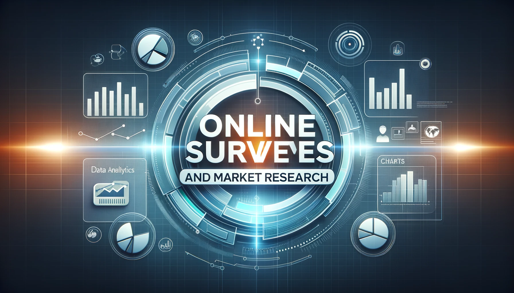 A professional and sleek design featuring the text 'Online Surveys and Market Research'. 