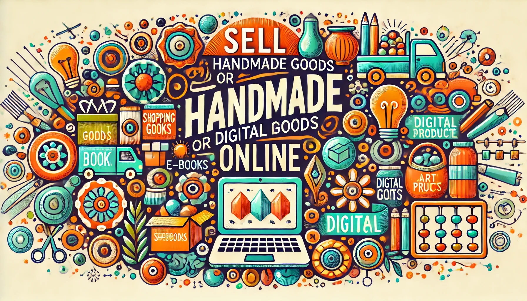 A vibrant design with a focus on both handmade goods and digital products. Featuring the text 'Sell Handmade Goods or Digital Products Online'.