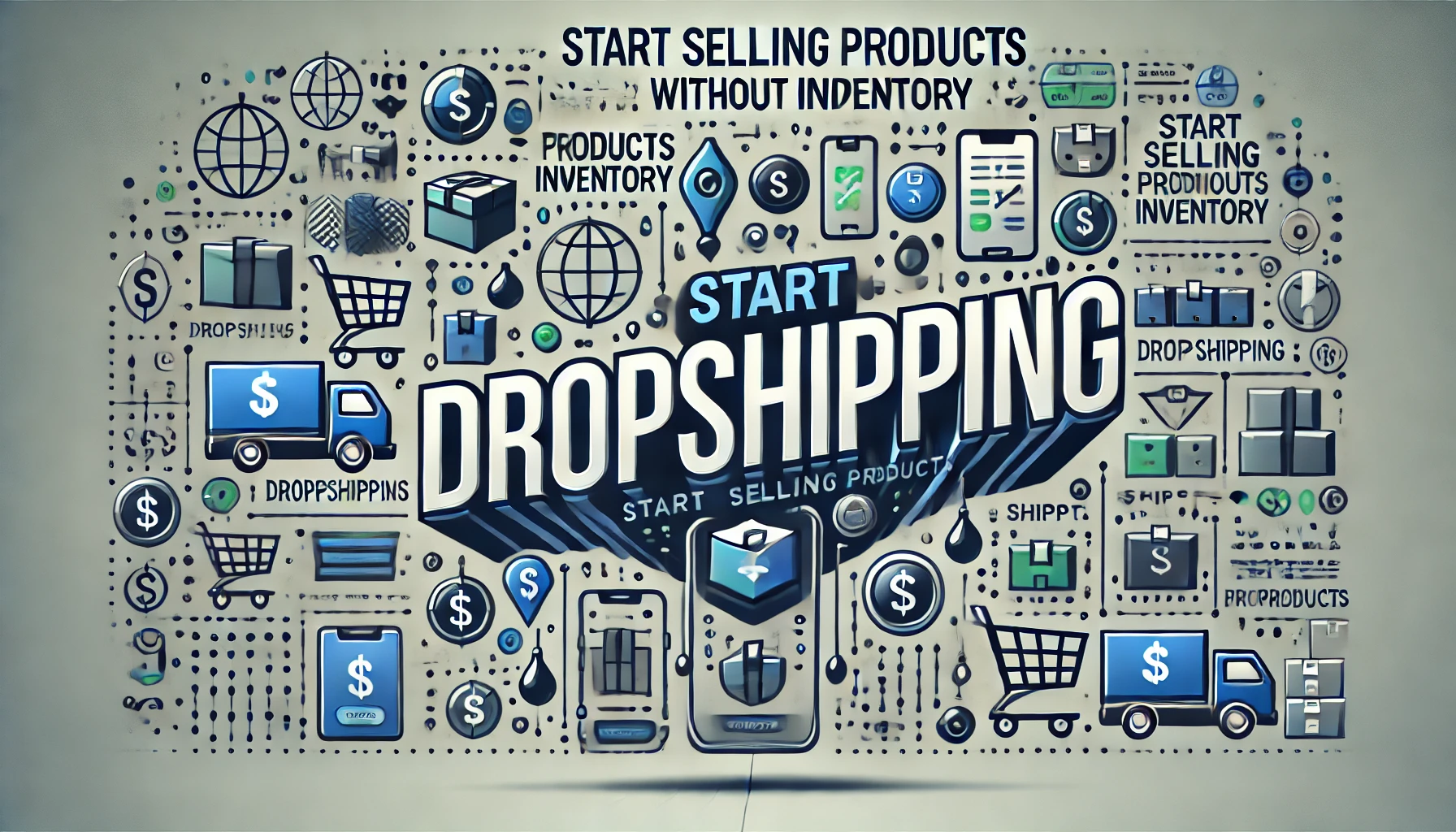 A sleek, modern design featuring the text 'Dropshipping_ Start Selling Products Without Inventory'.