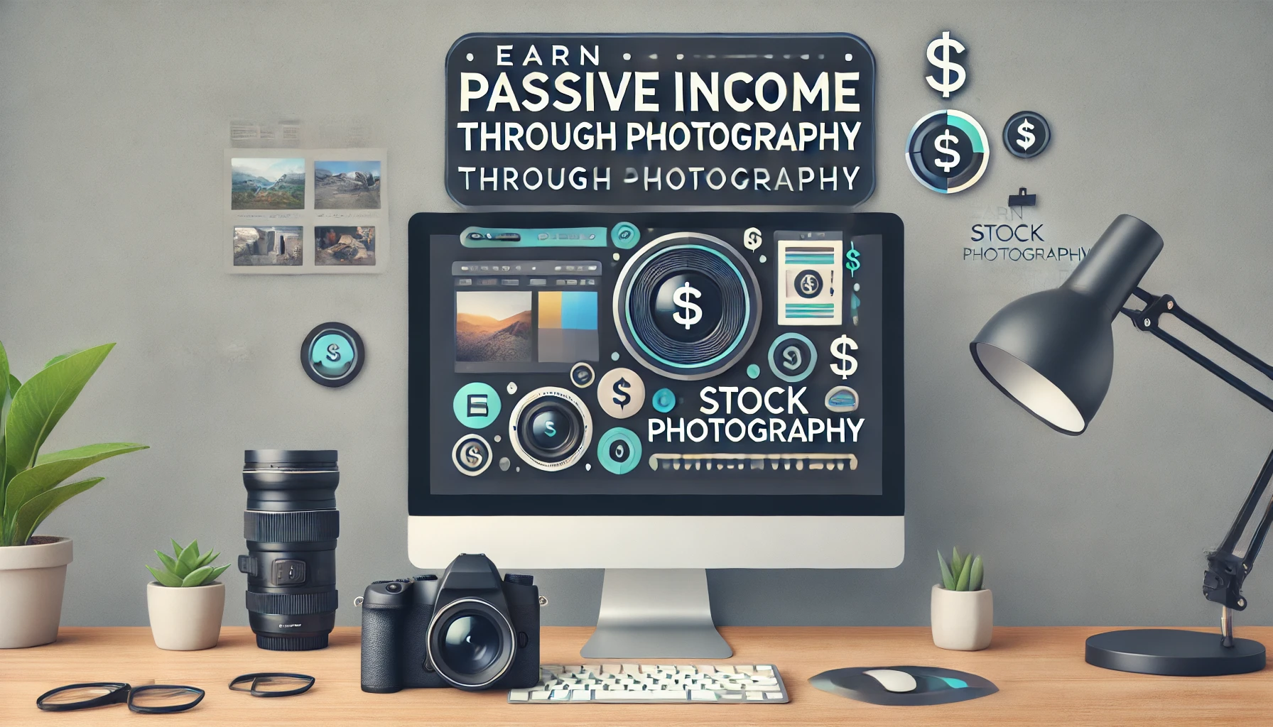 A modern design featuring the text 'Earn Passive Income Through Stock Photography.