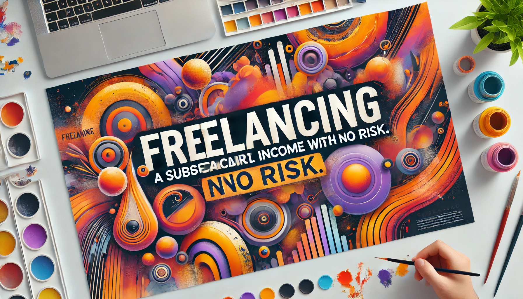 A creative design banner with the text 'Freelancing, A Substantial Income With No Risk.' in a playful yet professional font. 