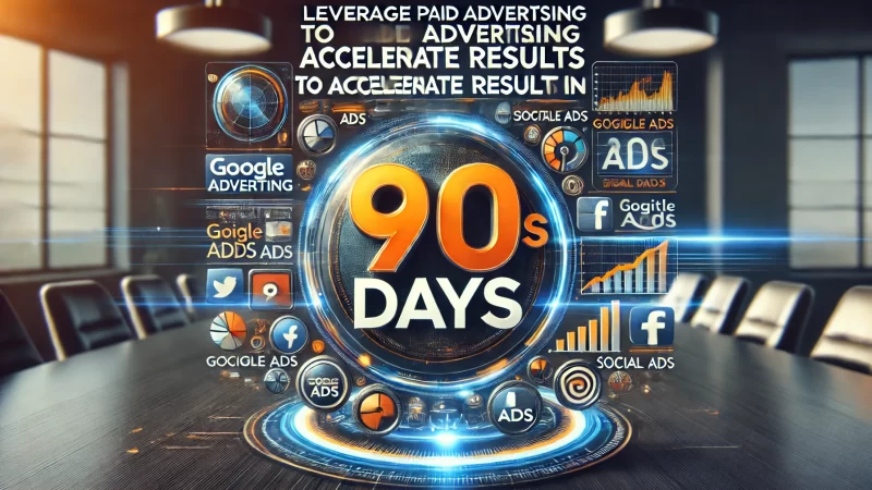 A professional, bold business-themed image with the text 'Leverage Paid Advertising To Accelerate Results In 90 Days' prominently displayed.