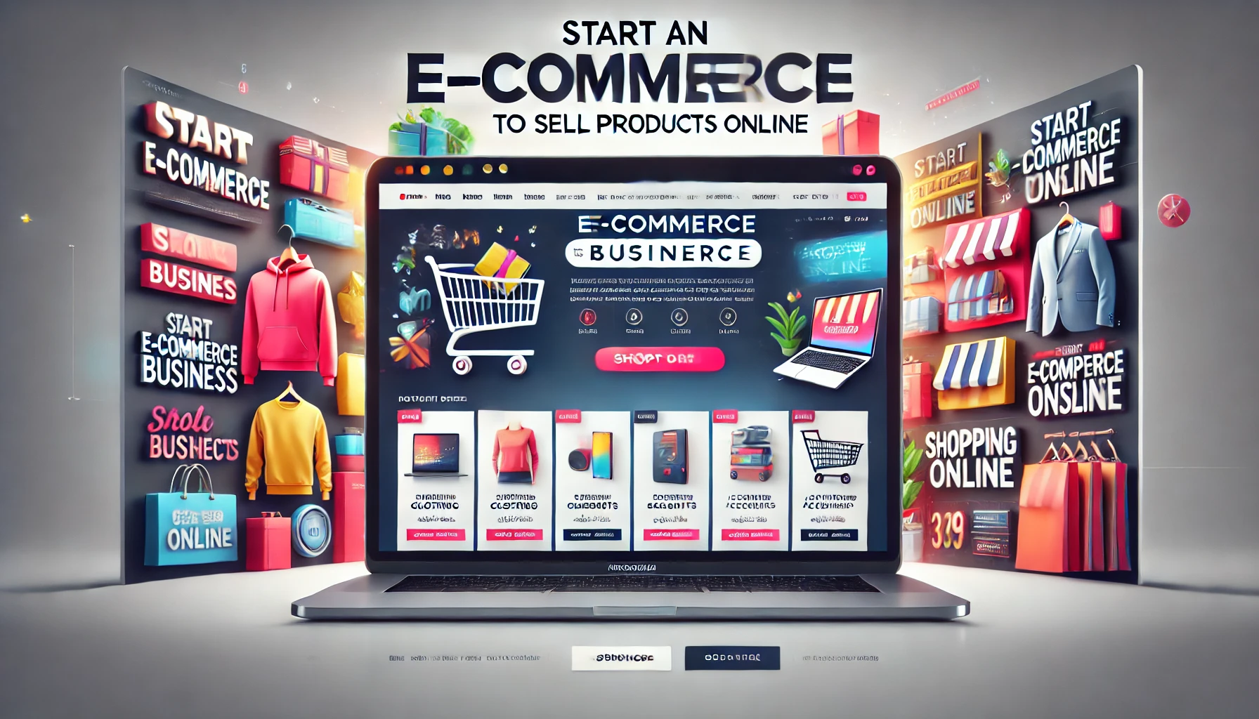 A modern and sleek e-commerce website interface with a bright and clean design, showing a banner with the text 'Start an E-Commerce Business to Sell Products Online.