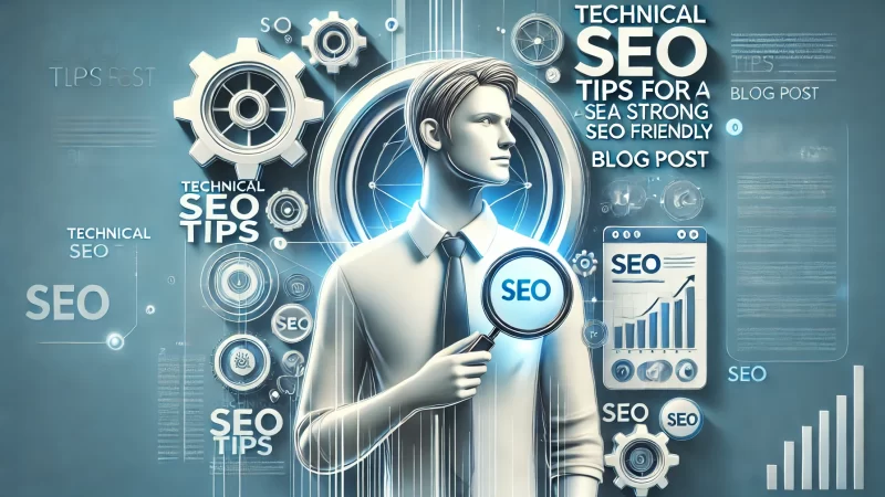 A dynamic image that reads 'Technical SEO Tips For A Strong SEO Friendly Blog Post' featuring a modern, friendly figure or character. 