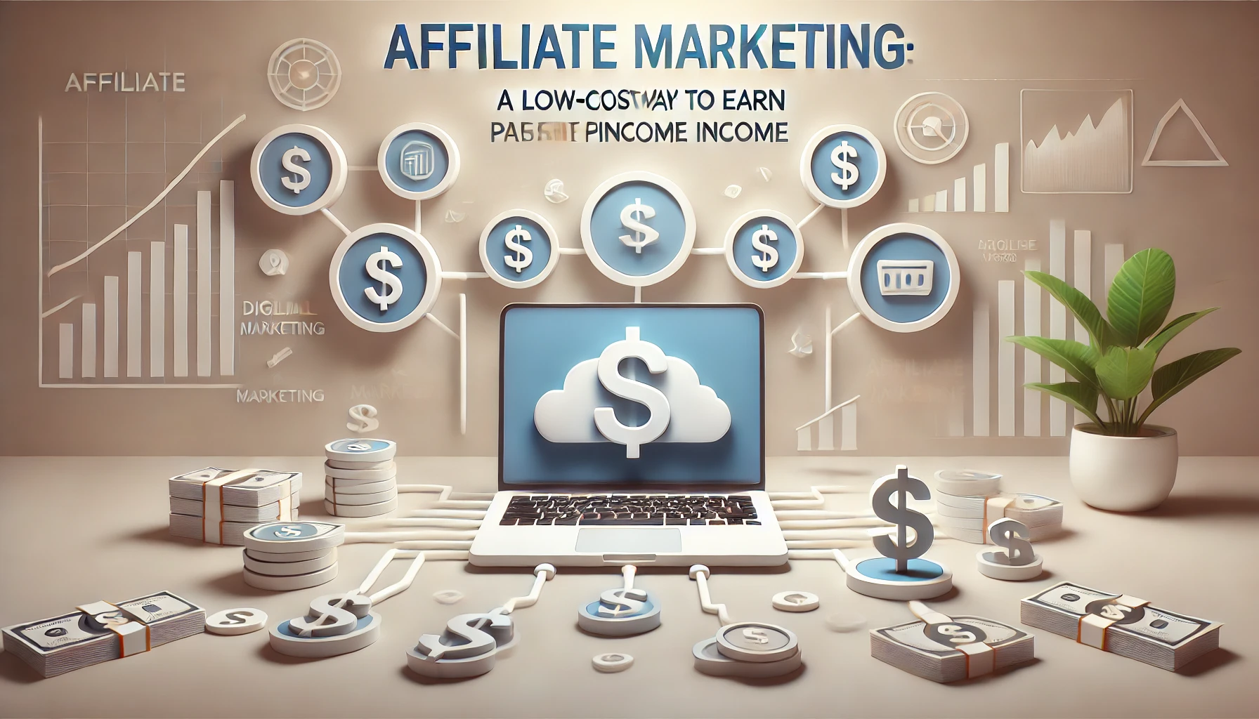 A modern, clean design showing the concept of affiliate marketing, with icons representing money flow, a laptop with affiliate links, and dollar signs.