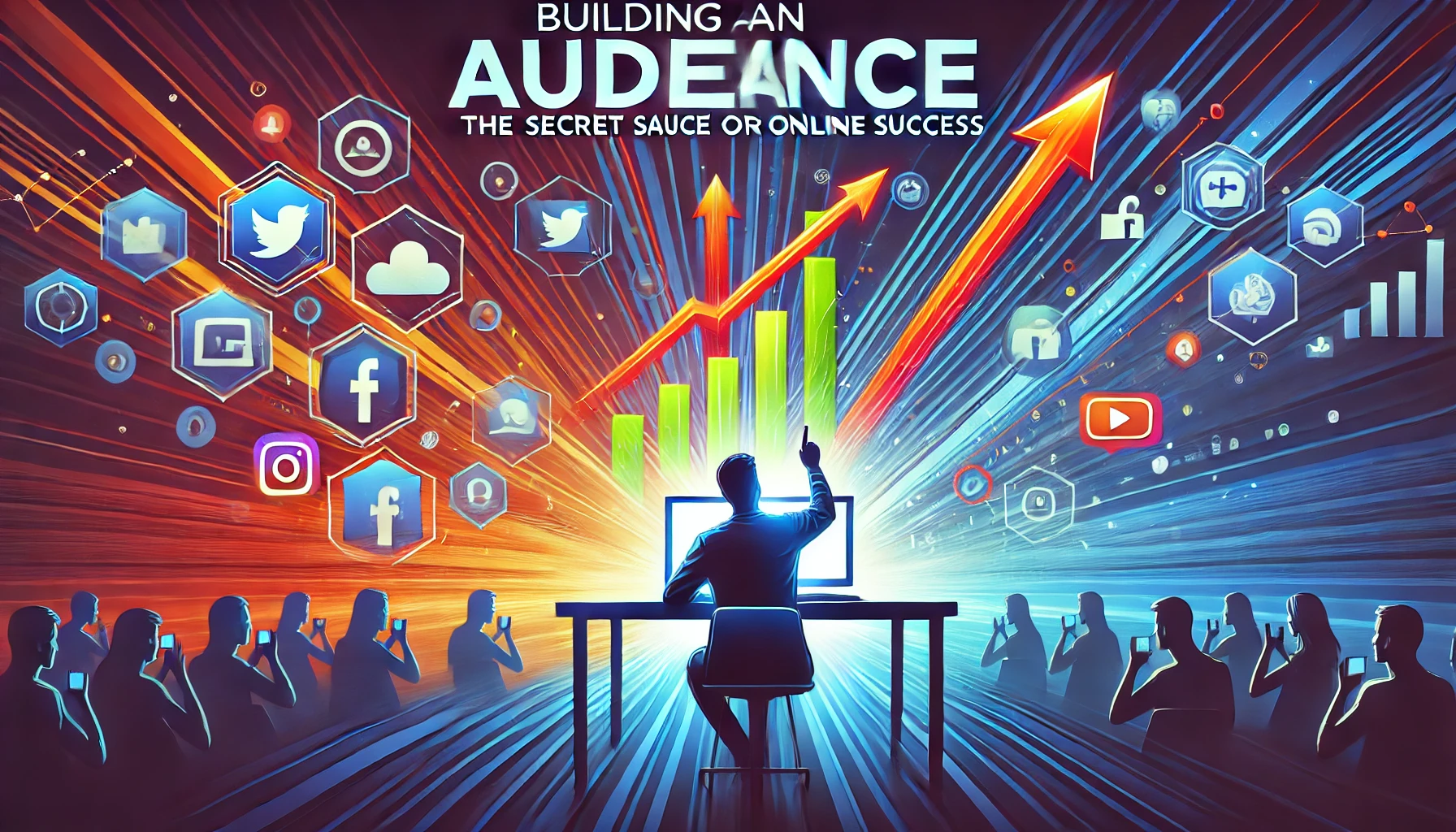 A dynamic design showing a person engaging with an online audience, with elements such as follower icons, social media platforms, and upward-pointing.