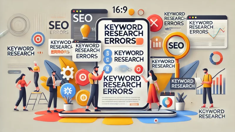 A modern, professional 16:9 image featuring a bold headline 'Keyword Research Errors' in a clean, readable font that stands out.