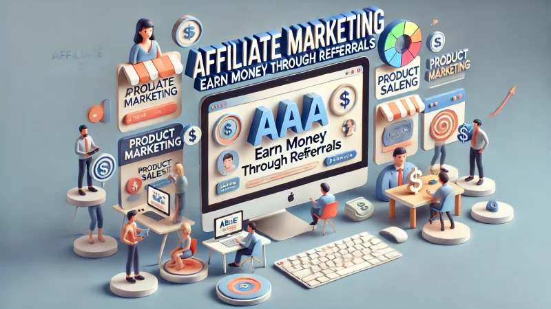 A clean, modern 16:9 aspect ratio image titled 'Affiliate Marketing: Earn Money Through Referrals' with a bold, standout headline.