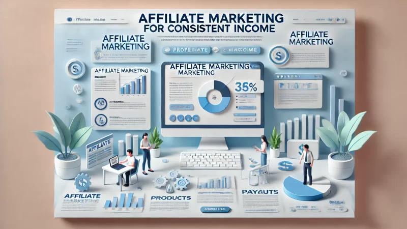 A professional and modern image titled 'Affiliate Marketing For Consistent Income' with a bold, prominent headline.