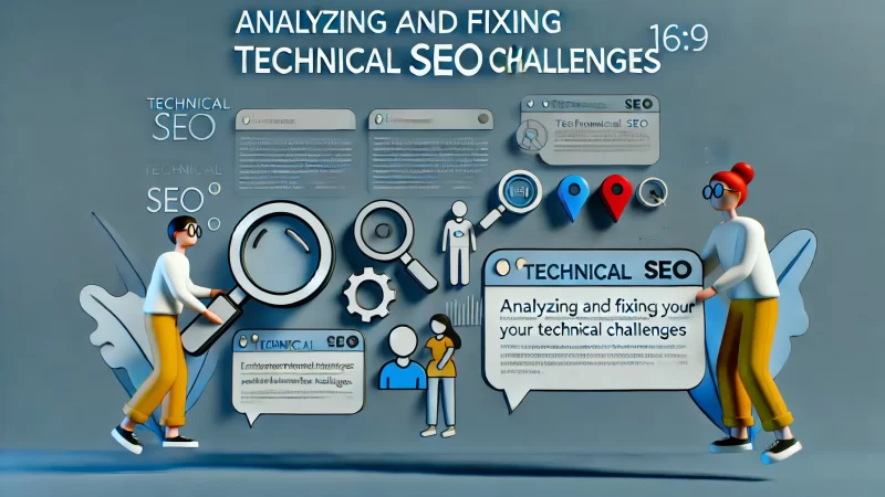 A modern, professional 16:9 image featuring a bold headline 'Analyzing And Fixing Your Technical SEO Challenges' in a clean, readable font that stands out. 