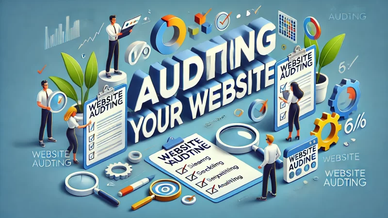 A modern, professional 16:9 image featuring a bold headline 'Auditing Your Website' in a clean, readable font that stands out. 