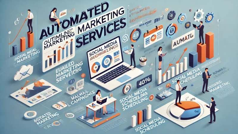 A modern and professional infographic titled 'Automated Online Marketing Services' with a bold, standout headline.