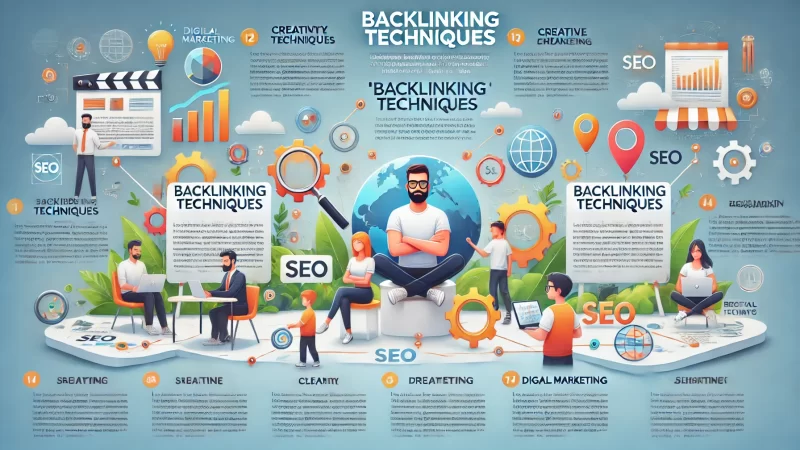 A modern and professional infographic on 'Backlinking Techniques' featuring a bold, clear headline.