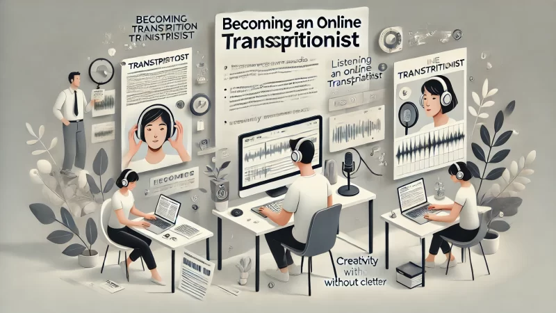 A professional, modern image titled 'Becoming An Online Transcriptionist' with a bold, standout headline. 