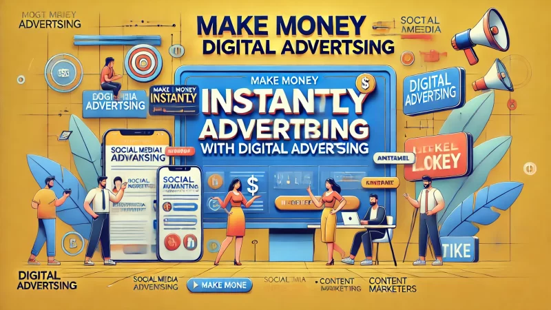 A professional, modern graphic with the title 'Make Money Instantly With Digital Advertising' in bold, readable text.