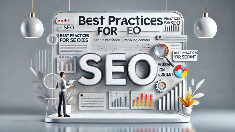 A professional and creative image with a bold headline saying 'Best Practices For SEO' at the center. 