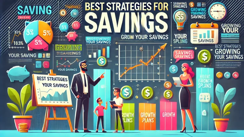 A dynamic and professional infographic with bold fonts displaying the text 'Best Strategies For Growing Your Savings.'