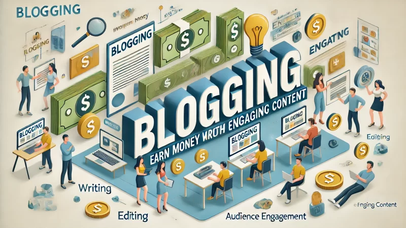 A clean, modern 16:9 aspect ratio image titled 'Blogging: Earn Money With Engaging Content' with a bold, standout headline.