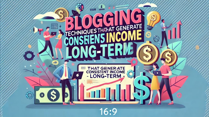 A 16_9 image with bold text that reads 'Blogging techniques that generate consistent income long-term.' 