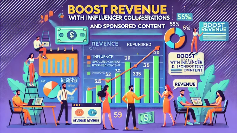 A modern and vibrant image with bold fonts clearly displaying the text 'Boost Revenue With Influencer Collaborations And Sponsored Content'.