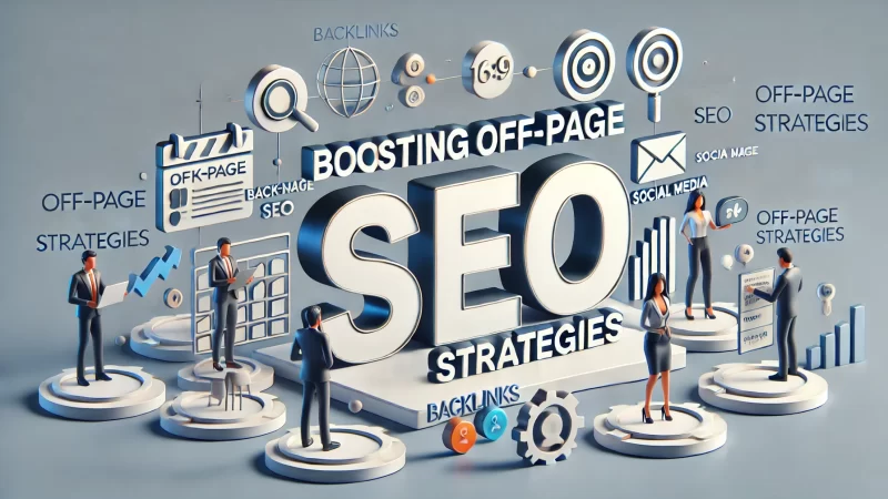 A modern, professional 16:9 image featuring a bold headline 'Boosting Off-Page SEO Strategies' in a clean, readable font that stands out. 