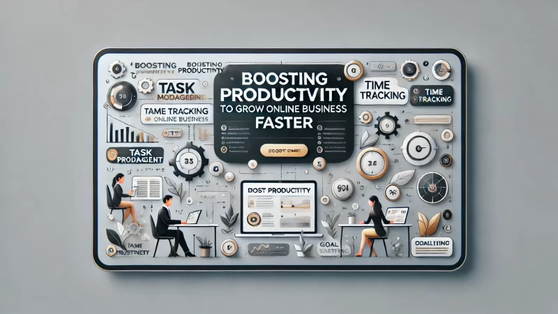 A modern, professional digital banner with a clean color scheme focused on a bold headline: 'Boosting Productivity To Grow Online Business Faster.'