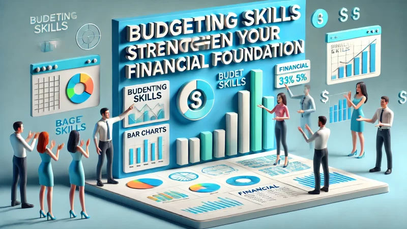 A professional, creative 3D image with a bold headline that says 'Budgeting Skills Strengthen Your Financial Foundation.'