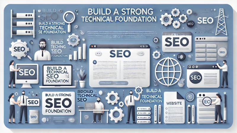 A professional, cleanly designed 16:9 layout for a website header titled 'Build A Strong Technical SEO Foundation.'