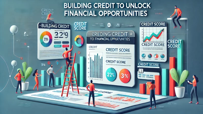 A professional and creative layout titled 'Building Credit To Unlock Financial Opportunities' with bold, standout text for the headline.