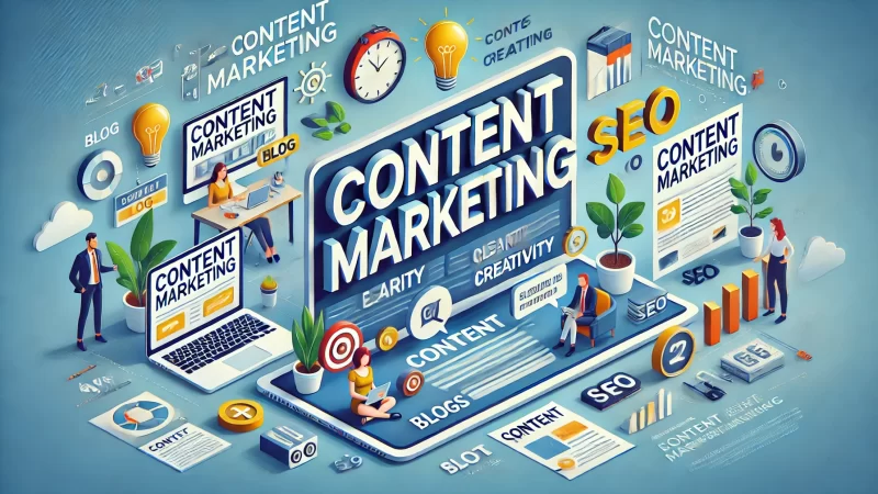 A modern and professional content marketing image with a bold headline that says 'Content Marketing'. 