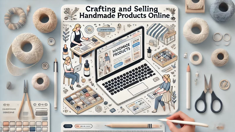 A professional and modern image titled 'Crafting And Selling Handmade Products Online' with a bold, eye-catching headline.