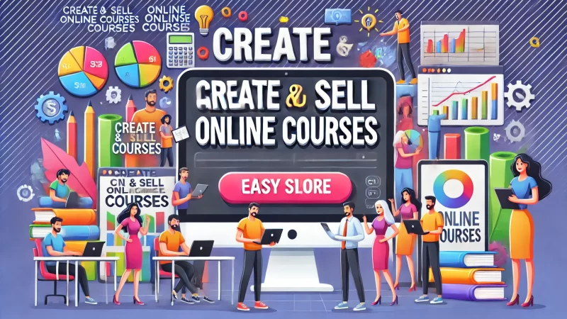 A vibrant and visually engaging 16_9 image that prominently displays the bold text 'Create And Sell Online Courses'. 