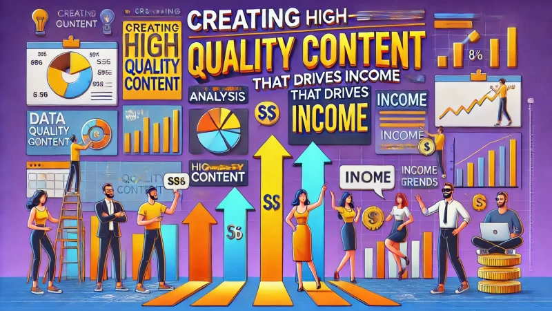 A professional yet animated image with the bold text 'Creating High-Quality Content That Drives Income.' 