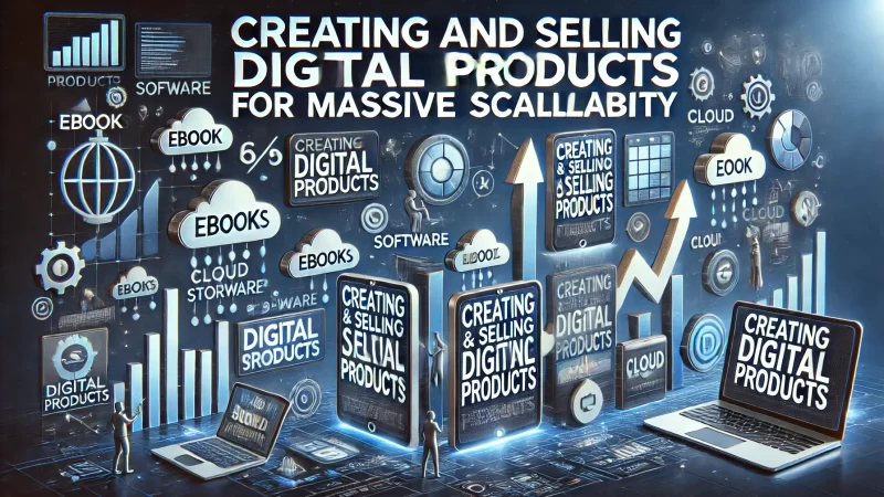 A 16_9 image with bold text that reads 'Creating and selling digital products for massive scalability.'