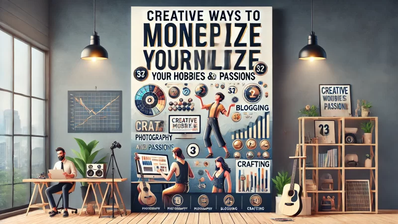 A professional, modern image with a bold heading that reads 'Creative Ways To Monetize Your Hobbies And Passions.' 