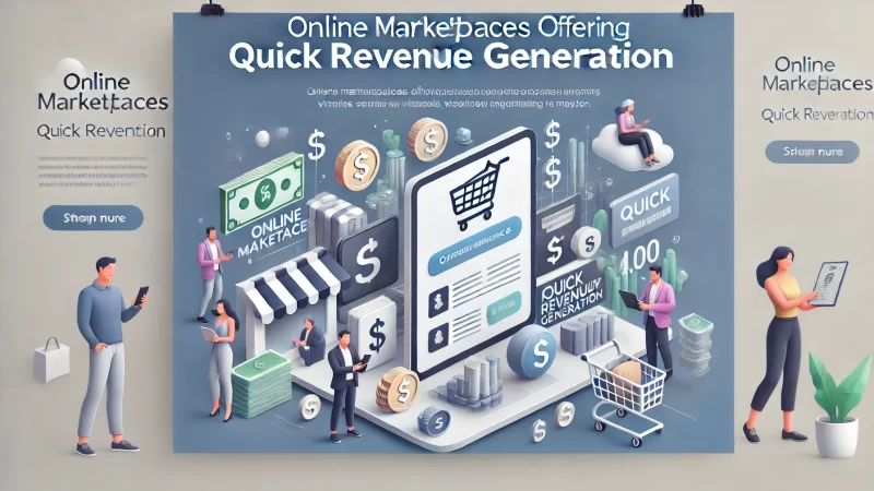 A modern and professional banner with a clean color scheme, featuring the bold headline text 'Online Marketplaces Offering Quick Revenue Generation' in a readable, standout font. 