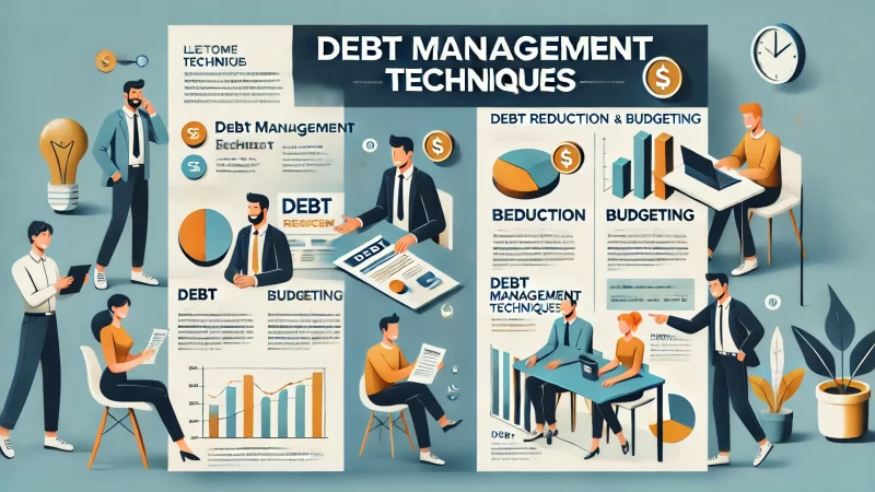 A professional, creative layout titled 'Debt Management Techniques' featuring a bold and prominent heading.